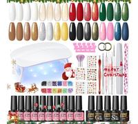 PEACECOLOR 33Pcs Kit Ongle Gel UV Complet avec Lampe,10Pcs Vernis Semi permanent Rouge Vert Blanc Brun et Flash UV Vernis à Ongles Base et Top Coat Kit Manucure Gel UV Complet