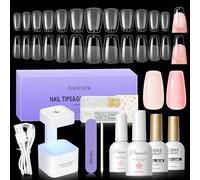 PEACECOLOR Capsule Americaine Ongle, 240Pcs Faux Ongles Cercueil Court Moyen, Colle Faux Ongles, Lampe UV Ongles Gel, Nude Rose Vernis à Ongles avec Top Coat Kit Manucure