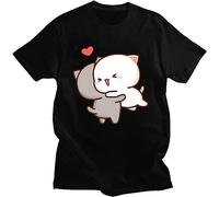 Peach and Goma Mochi Cat T-Shirt Kawaii Cartoon Print Tshirt Women's Funny T Shirt Femme Harajuku Couple Clothes 100% Cotton Tee Black