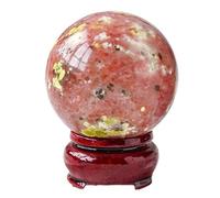 Peach Blossom Stone Ball with Wooden Base, Quartz Crystal Ornament Magic Orb for Feng Shui, Divination, Home Decor,55~60mm
