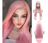 Peach Pink Lace Front perruques pour les femmes longues soyeuses ligne droite milieu partie perruques avec des cheveux de bébé sans colle préplumée 180 densité Suisse Lace synthétique perruque de