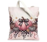 Peach Pumpkins Harvest Pumpkins Autumn Canvas Tote Bag 33 x 38 cm | Motif écossais écossais, détails étoiles dorées, thème de récolte pastel, charme saisonnier fantaisie