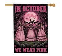 Peach Witch Drapeau de la maison Halloween sur la sensibilisation au cancer | Robes de pêche, drapeau de pelouse, pleine lune, forêt effrayante, sensibilisation au cancer du sein