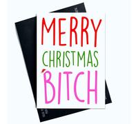 Peachy Antics Cartes de Noël amusantes avec inscription « Merry Christmas B*tch » pour ami, collègue, carte de Noël offensante avec lettrage rose SP128