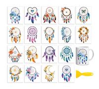 Peacoblue 18 Feuilles de Transferts à Sec pour Artisanat, Attrape-Rêves et Fleurs Colorés 3,6"x3,9" Stickers de Transfert à Froid Étanches UV DTF pour Bois, Verre, Tasses, Miroirs, Mugs, Décoration