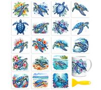 Peacoblue 18 Feuilles Rub on Transfers pour Loisirs Créatifs, Tortue de Mer Bleue avec Fleurs de Corail 3,6"x3,9" UV DTF Cup Wraps, Autocollants Transfert à Froid Imperméables pour Verre, Métal