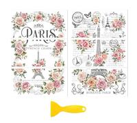 Peacoblue Autocollant Transfert à Frotter pour Déco Meubles Bricolage 15 x 30cm (6"x12") Tour Eiffel Paris Floral Retro, 6pcs Transfert UV DTF Imperméable pour Tiroirs, Commodes, Verres,bois