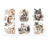 Peacoblue Décalcomanies à Ruban pour Meubles Artisanat Loup avec Fleurs et Lune 15x30 cm, 3pcs Décalcomanies Waterproof UV DTF pour Commode, Coffres à Lingerie, Tiroirs, Verre, Porcelaine, Bois