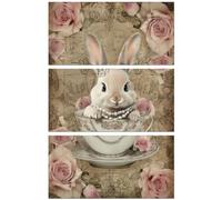 Peacoblue Décalcomanies à Ruban pour Meubles Artisanat Tasse à Thé Vintage avec Lapin et Roses 15x30 cm, 3pcs Décalcomanies Waterproof UV DTF pour Commode, Coffres à Lingerie, Tiroirs, Verre