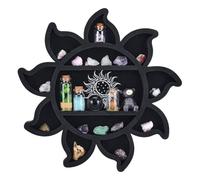 peacoblue Étagère en cristal en forme de tournesol - Décoration murale en bois fabriquée à la main avec 3 couches de rangement pour cristaux, pierres précieuses et trésors - Finition noire élégante