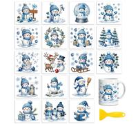 Peacoblue Lot de 18 feuilles de transfert à frotter pour loisirs créatifs, motif bonhomme de neige bleu, 9,1 x 9,9 cm, UV, DTF, autocollants imperméables pour verre, bois, gobelets, miroirs, tasses