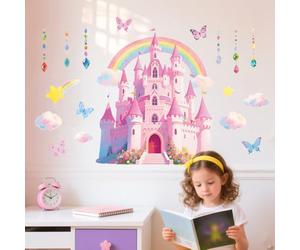 Peacoblue Lot de 2 feuilles de stickers muraux amovibles en vinyle 3D pour chambre à coucher, salon, salle de bain, salle de classe, salle de jeux, maison - Motif château de princesse - 30 x 96 cm