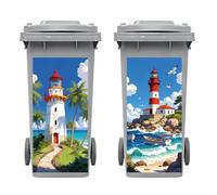 Peacoblue Lot de 2 Stickers Poubelle Phare au Bord de l’Océan Extérieure | 38x82 cm, Autocollants Décoratifs Jardin, Grand Format, Résistants aux Intempéries, Pour Poubelles Extérieures et Conteneurs