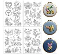 Peacoblue Modèles de broderie autocollants solubles dans l'eau 4 feuilles avec 33 motifs, film de broderie soluble (Fiori e farfalle)