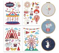 peacoblue Motifs de Broderie Solubles Dans L'Eau avec Couleur pour DéButants, Carnival Circus 4 Feuilles avec 30pcs Stabilisateurs de Motif de Broderie Lavables pour Couture à La Main Femmes Adultes