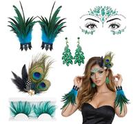 Peacock Costume Women Set,6 PCS Peacock Feathers Accessories,Peacock Headband for Women,Feather Bracelets,Peacock Feathers Earrings,Green Feather Eyelashes and Glitter Stones Face for Carnival Cosplay