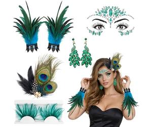 Peacock Costume Women Set,6 PCS Peacock Feathers Accessories,Peacock Headband for Women,Feather Bracelets,Peacock Feathers Earrings,Green Feather Eyelashes and Glitter Stones Face for Carnival Cosplay