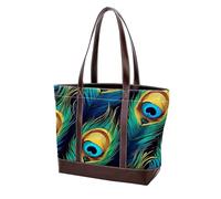 Peacock Feathers-1321 Sac fourre-tout en cuir durable et toile pour femme avec poignée sur le dessus, Multicolore 02, 33.8x12x31cm/13.3x4.7x12.2 in