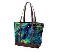 Peacock Feathers-1321 Sac fourre-tout en cuir durable et toile pour femme avec poignée sur le dessus, Multicolore 08, 33.8x12x31cm/13.3x4.7x12.2 in