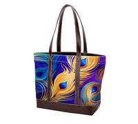 Peacock Feathers-1354 Sac fourre-tout en cuir durable et toile pour femme avec poignée sur le dessus, Multicolore 07, 33.8x12x31cm/13.3x4.7x12.2 in
