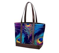 Peacock Feathers-1387 Sac fourre-tout en cuir durable et toile pour femme avec poignée sur le dessus, Multicolore 08, 33.8x12x31cm/13.3x4.7x12.2 in