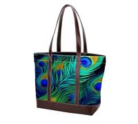 Peacock Feathers-1387 Sac fourre-tout en cuir durable et toile pour femme avec poignée sur le dessus, Multicolore 02, 33.8x12x31cm/13.3x4.7x12.2 in