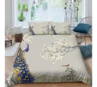 Peacock in bloom Linge de Lit Microfibre résistante 3 pièces 3D Effet Confortable Asian ink peinture Housse de Couette avec Fermeture Éclair Respirante for Chambre de adolescents King（220x240cm）