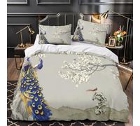 Peacock in Bloom Parure de Lit Microfibre Résistante 3D Imprimée 3 Pièces Éclair Ultra Douce Asian Ink Peinture Ensemble De Literie Hypoallergique Entretien Facile for Adulte Double（200x200cm）