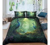 Peacock in forêt Housse de Couette Microfibre 3 pièces Imprimé en 3D Hypoallergique Fantaisie Jungle Art Ensemble De Literie avec Fermeture Éclair Respirante for Filles Ado Single（140x200cm）