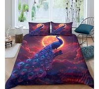 Peacock in Moonlight Linge de Lit 3 Pièces 3D Imprimée Microfibre Hypoallergique Fantaisie Art Style Parure de Lit avec 2 x Taies d'oreiller Respirante for Chambre Adulte Super King（260x220cm）