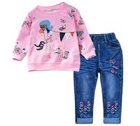 Peacolate 2-7 Ans Petite Filles Ensemble de Vêtements 2 pièces T-shirt Imprimé à Manches Longues Haut et Jean Brodé(arc-en-ciel, 4 ans)