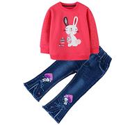 Peacolate 2-7 Ans Petite Filles Ensemble de Vêtements 2 pièces T-shirt Imprimé à Manches Longues Haut et Jean Brodé(Lapin-rouge, 7 ans)