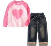 Peacolate 2-7ans Printemps Automne Petites filles 2pcs Set Vêtements Cœur Pull et Jeans Droit(Rose, 3-4ans)