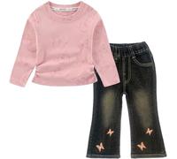 Peacolate 2-7ans Printemps Automne Petites filles 2pcs Set Vêtements Papillon T-shirt et Jeans Bateau-coupé(Rose, 4-5ans)