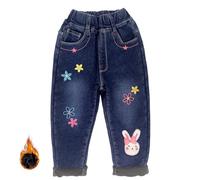 Peacolate 2-9 Ans Hiver Petites Filles Laine doublée Jeans épais Jeans brodés(Fleurs Lapin, 4 Ans)