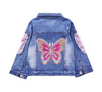 Peacolate 3-10ans Petites Grandes Filles Veste en Jeans Broderie Paillettes Papillons Printemps Automne Manteaux Denim(Papillon Rose,7-8ans)