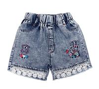 Peacolate 4-8 Ans Petite Grande Fille Brodé Dentelle Short en Jean(8 Ans, Lapin)