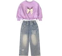Peacolate 4ans-10ans Printemps Automne T-Shirt Sets Little&Big Filles Pull manches longues T-Shirt et Broderie Papillon Vêtements Jeans Set pour Enfants(Violet,4-5ans)