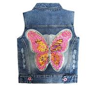 Peacolate 5-12 Ans Petite Grande Fille Gilet en Jean Détresse Broderie Paillettes Papillon Sans Manche Manteaux Blousons(papillon,4-5 ans)