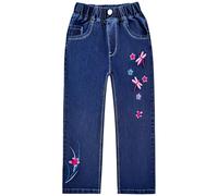 Peacolate 5-12ans Petites Filles Stretch Manches Longues Pantalon Jeans Droit Bleu Foncé Libellule Pantalon Denim Brodé (Libellule,6-7ans)