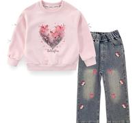 Peacolate 5-12ans Printemps Automne Ensembles Vêtements Kid Little&Big Girls Pull manches longues T-shirt et Jeans Papillon brodé(Rose,10-12ans)