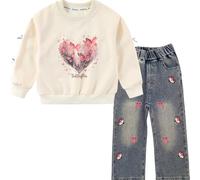 Peacolate 5-12ans Printemps Automne Ensembles Vêtements Kid Little&Big Girls Pull manches longues T-shirt et Jeans Papillon brodé(Blanc,7-8ans)