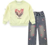 Peacolate 5-12ans Printemps Automne Ensembles Vêtements Kid Little&Big Girls Pull manches longues T-shirt et Jeans Papillon brodé(Jaune,7-8ans)