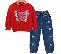 Peacolate Ensemble de vêtements pour filles, vêtements pour filles Fraternité filles 2 pièces pull papillon à sequins à manches longues et jean botte brodé 4-7Ans (Papillon Rouge, 7 ans)