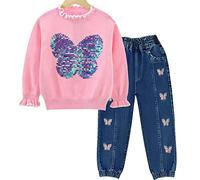 Peacolate Ensemble de vêtements pour filles, vêtements pour filles Fraternité filles 2 pièces pull papillon à sequins à manches longues et jean botte brodé 4-7Ans (Papillon Rose, 4 ans), (LKA009126)