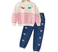 Peacolate Ensemble de vêtements pour filles, vêtements pour filles tenue de frères et sœurs filles pull en tricot de coton à manches longues 2 pièces et pantalon en jean avec motif cœur 4-7 ans