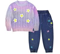 Peacolate Ensembles Fille, Vêtements pour Filles 2 pièces Pull chaud à manches longues de couleur dégradée et jean et pantalon brodés de papillons Automne Hiver 2-7 ans (Violet, 3ans)