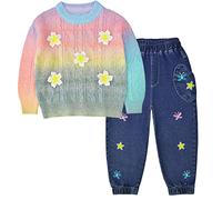 Peacolate Ensembles Fille, Vêtements pour Filles 2 pièces Pull chaud à manches longues de couleur dégradée et jean et pantalon brodés de papillons Automne Hiver 2-7 ans (Rose, 6-7ans)