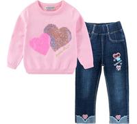 Peacolate Filles Vêtements, Filles Ensemble Enfants Tenue 2pcs Set Manches Longues Paillettes Amour Pull et Bleu Broderie Jeans Printemps Automne 3-8ans(Rose,5ans)