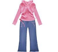 Peacolate Filles Vêtements Filles Ensemble Enfants Tenue 2pcs Set Manches Longues T-shirt à rayures roses et jeans bootcut bleu brodé papillon 5-10ans(Rose,6-7ans)